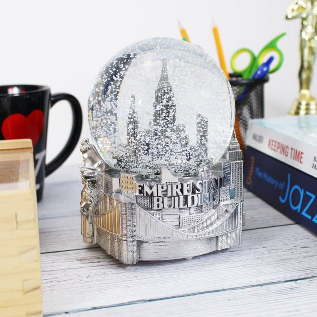 120MM Silver Jumbo Musical New York Snow Globe | NYC Snow Globe | New York Gift