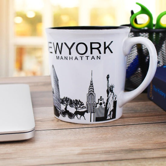 16oz. Cityscape "Manhattan" Jumbo New York Mug (White, Red, Pink, Cyan, Mustard, Tan, Brown) | NYC Mug