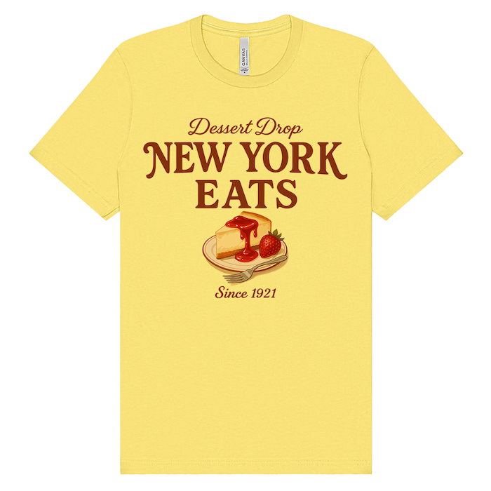 NY Eats: Dessert Drop Strawberry Cheesecake Graphic Tee – Classic Yellow