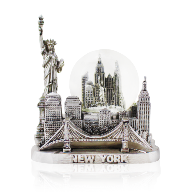 45MM Silver 4D-Base Cityscape "NEW YORK" Statue of Liberty Snow Globe