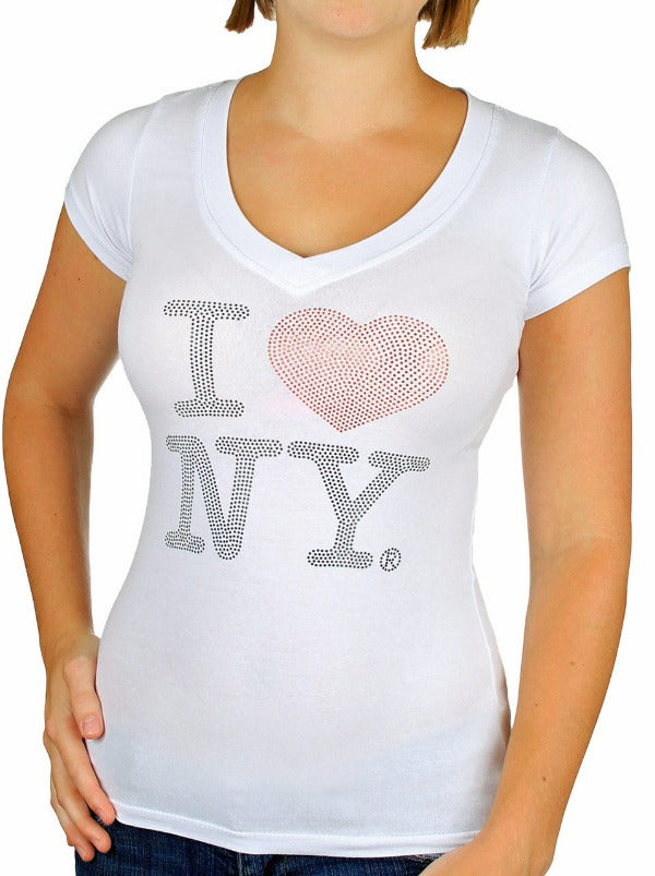 I Love NY Curve Fit Women's Rhinestone T-Shirt | I Heart NY T-Shirts | NYC Clothing (3 Colors)
