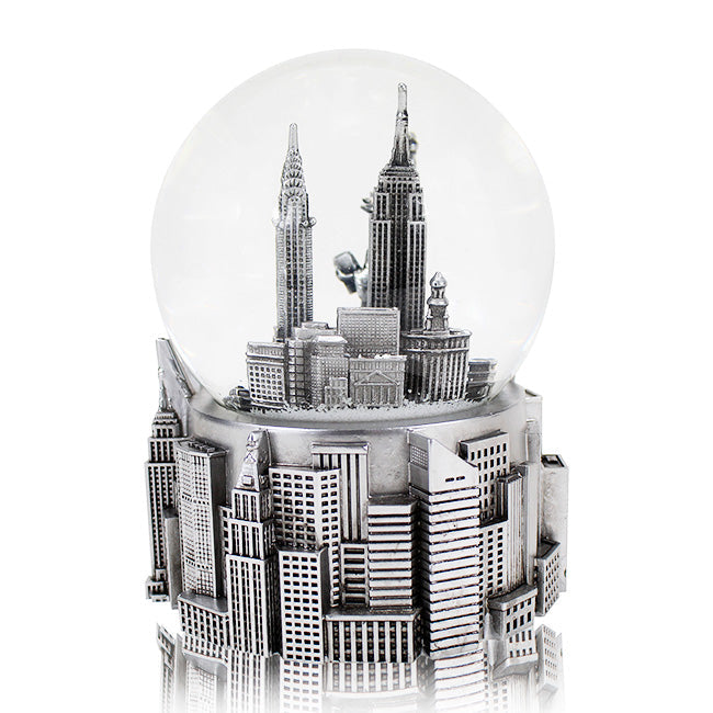 120MM Full Silver Big Base Wind-up Musical New York Skyline Snow Globe