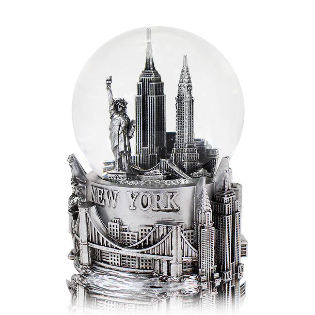 120MM Full Silver Big Base Wind-up Musical New York Skyline Snow Globe